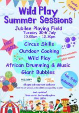 Bright coloured poster detailing dates, times and activities of the sessions (drumming, bubbles, circus skills)